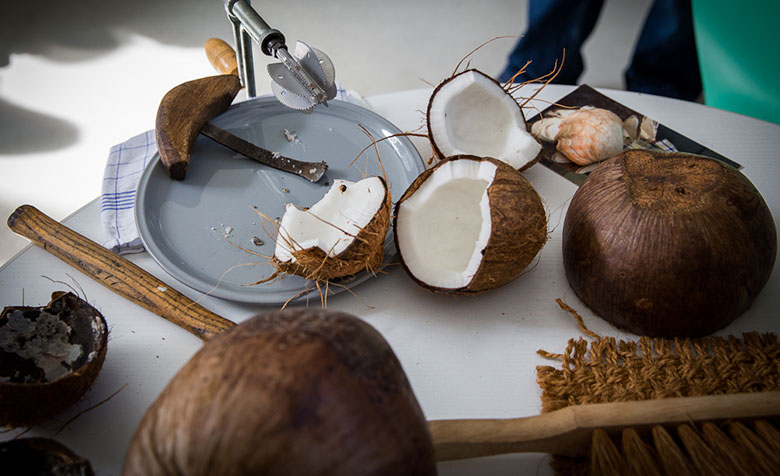 Eine zerlegte Kokosnuss auf einem Tisch