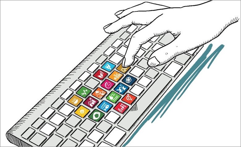 Schmuckgrafik: Hand mit Tastatur