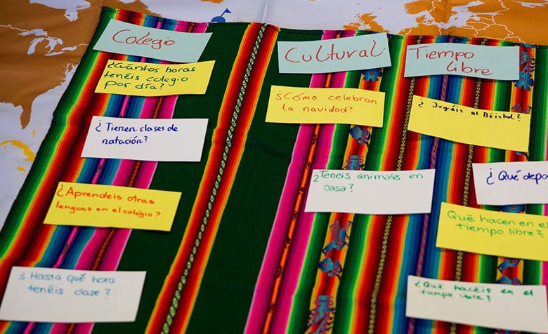 Bunte Decke mit Moderationskarten auf denen Fragen in Spanisch stehen