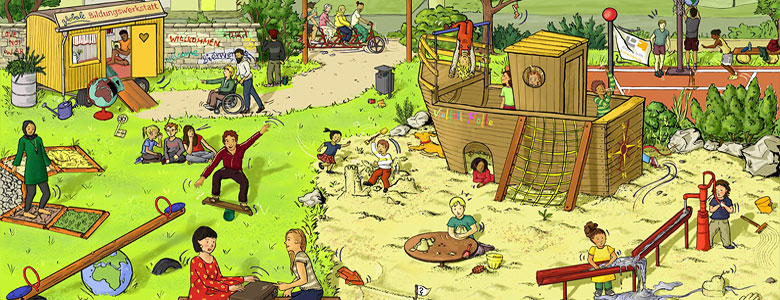 Ein Wimmelbild eines Spielplatzes mit vielen Szenen zum Globalen Lernen ist zu sehen