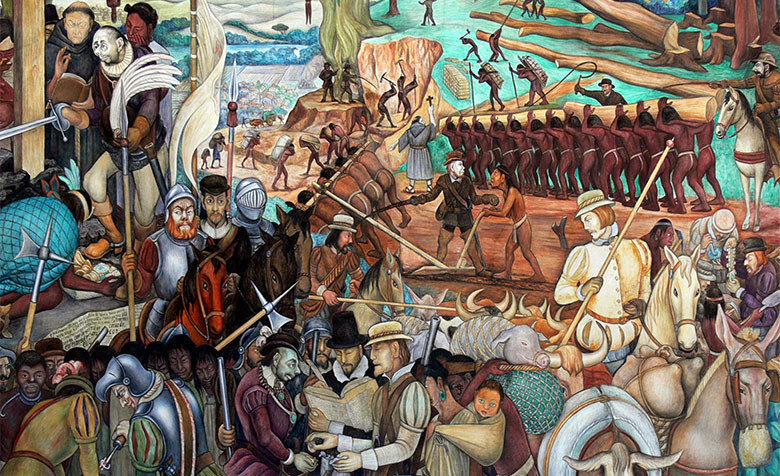 Das Wandgemälde von Diego Rivera im mexikanischen Nationalpalast zeigt die vielen Facetten der Eroberung von Tenochtitlán.